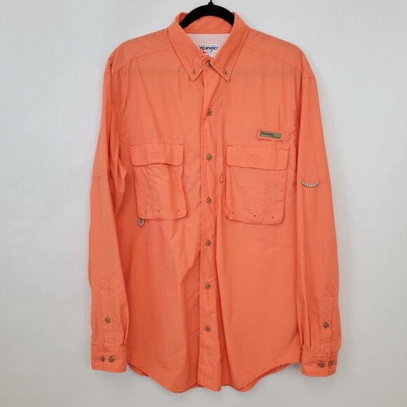 Wrangler Shirt Mens Medium ProGear Fishing Button Front Long Sleeve Orange - Picture 1 of 11